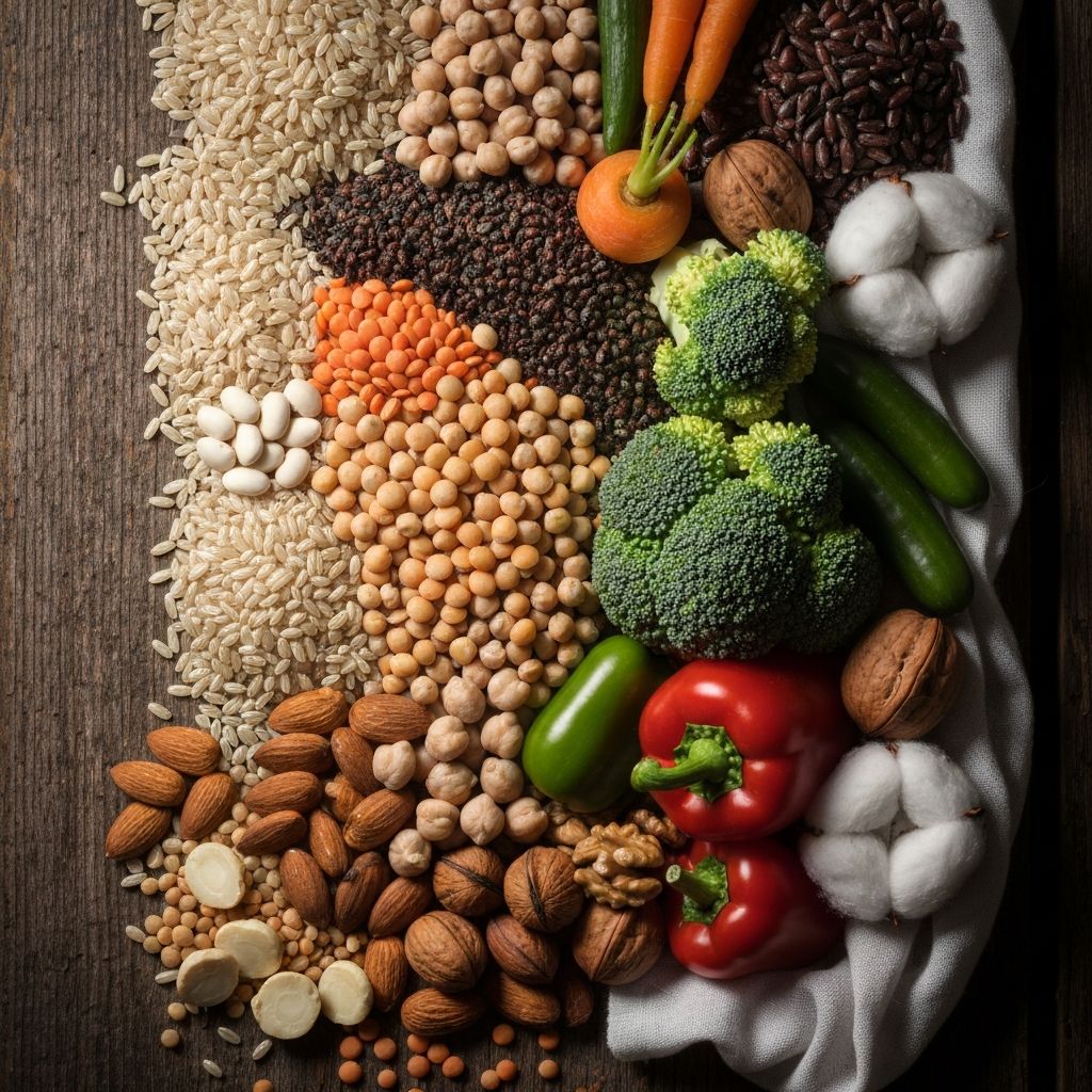 Diverse array of whole foods representing macronutrient categories